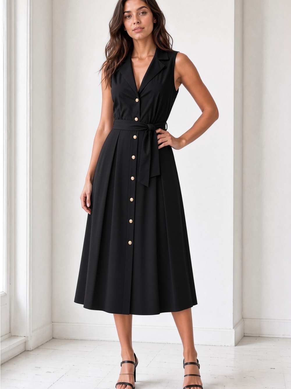 Nanette Lepore Black Sleeveless Button-Front Midi Dress with Tie Waist